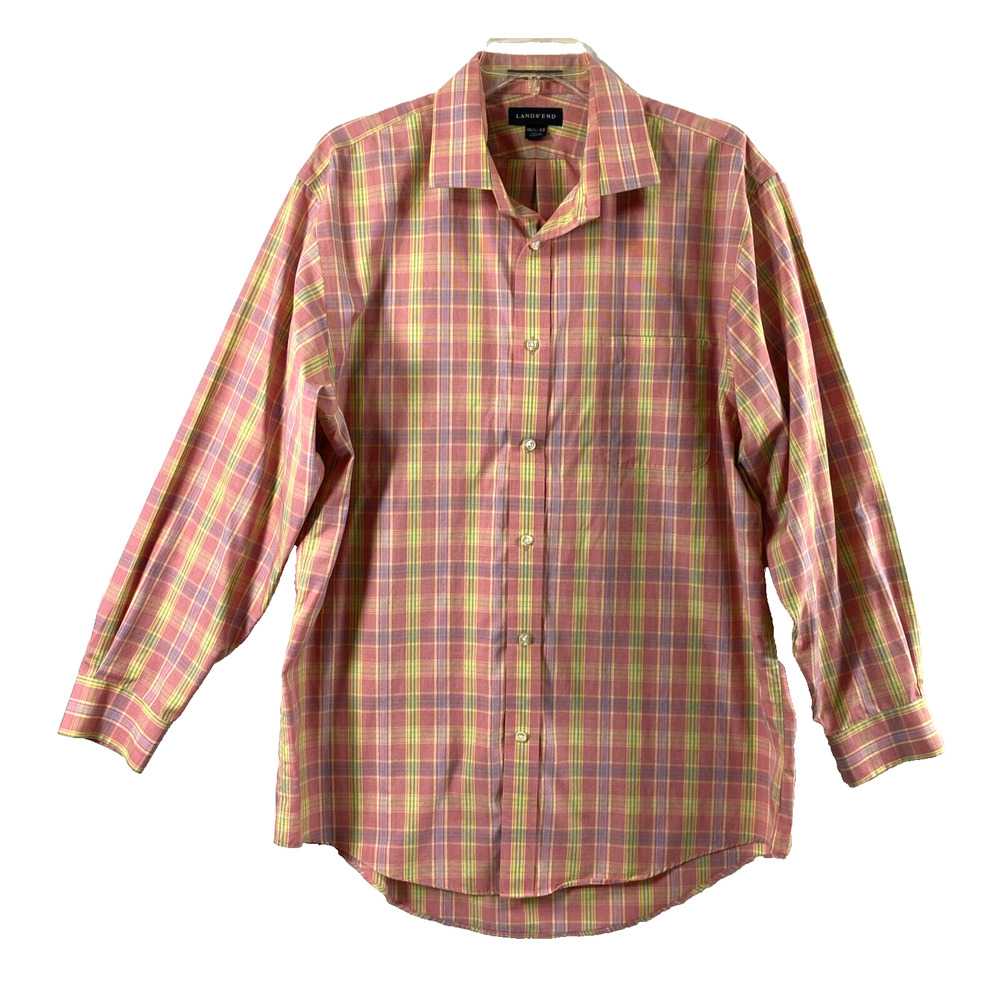 Lands' End Mens Shirt Size 16 1/2- 33 No Iron Pink Plaid Button Down Long Sleeve